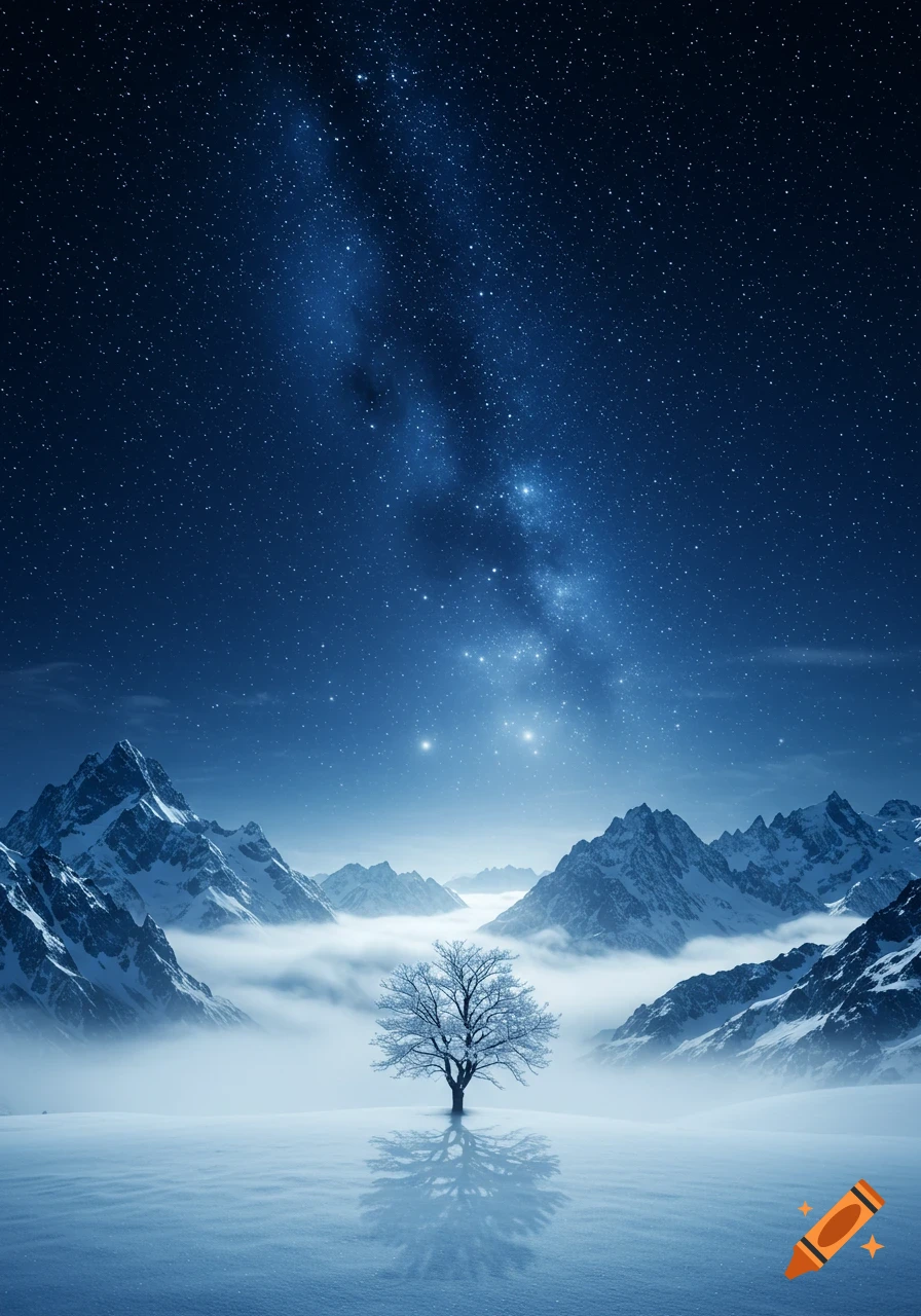 A serene winter landscape at night, with a single bare tree reflected on a frozen surface, surrounded by snow-capped mountains under a starry sky.