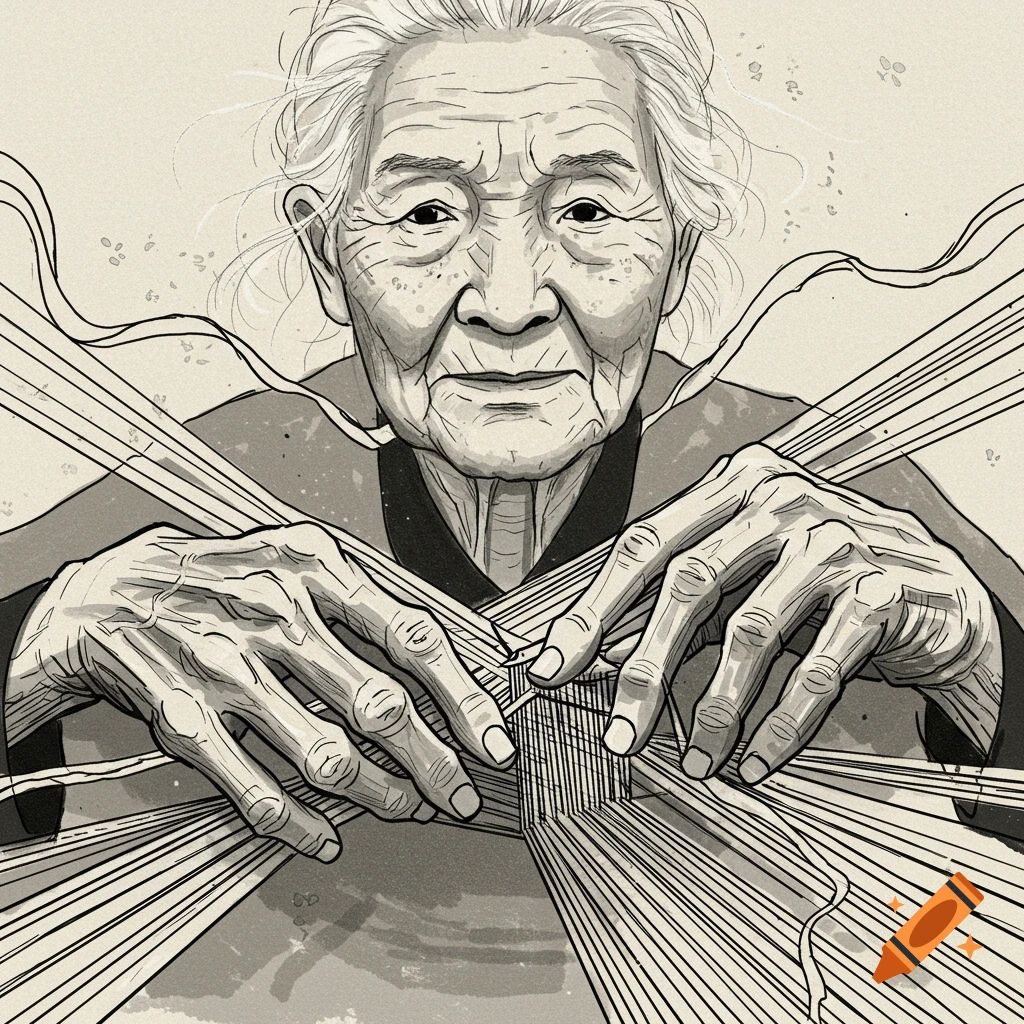 An ink art illustration of an elderly woman weaving, her wrinkled hands and face detailed with flowing lines.