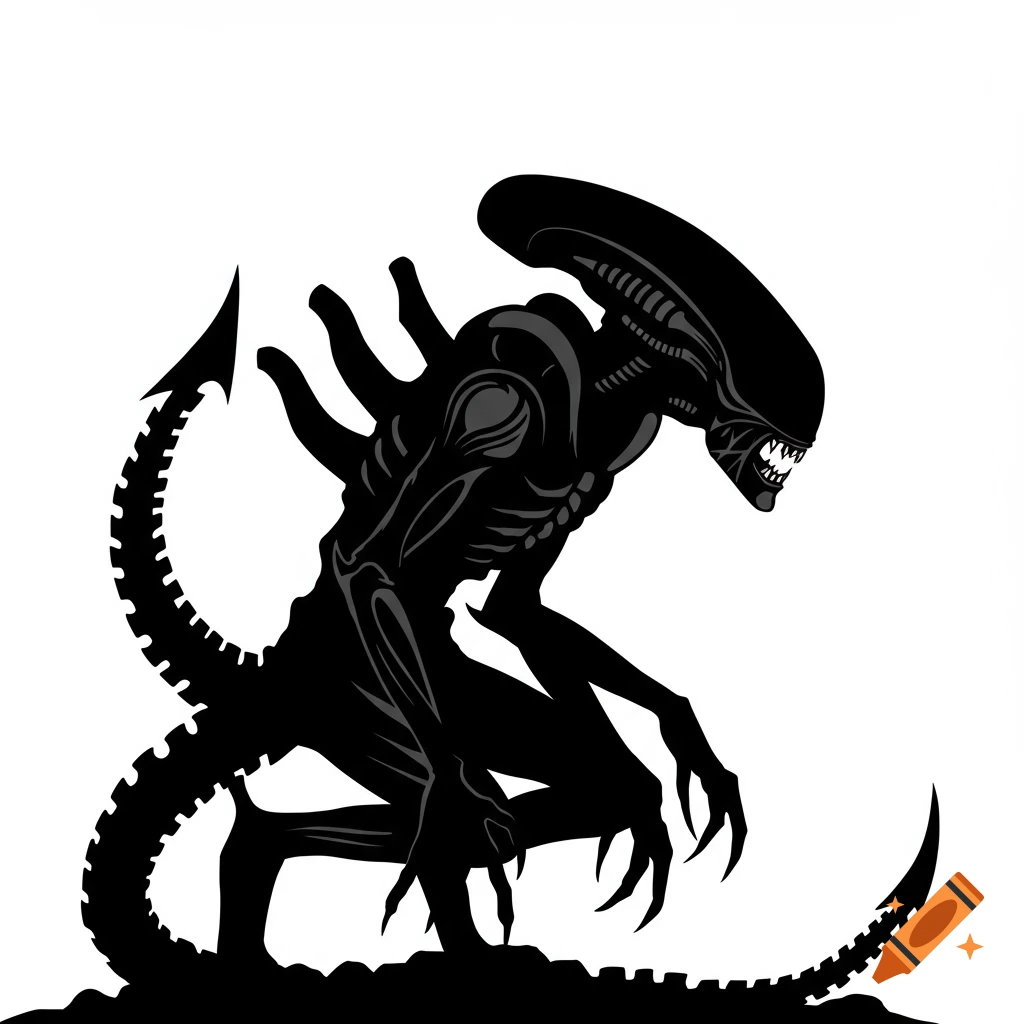 Black and white vector silhouette of a Xenomorph alien, crouching in profile with its sharp teeth exposed.