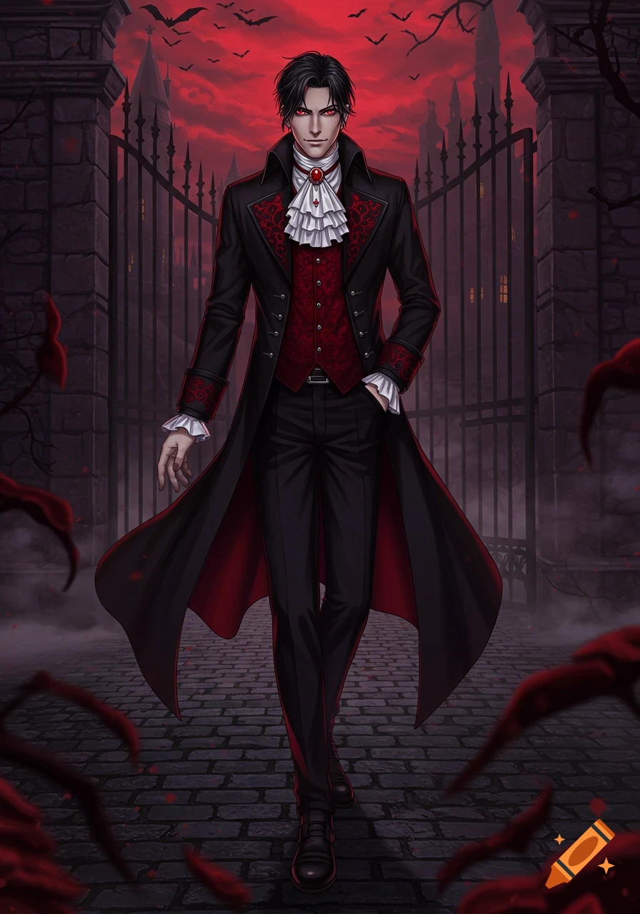 Handsome anime vampire in a black and red outfit stands before gothic gates under a blood-red sky with bats.