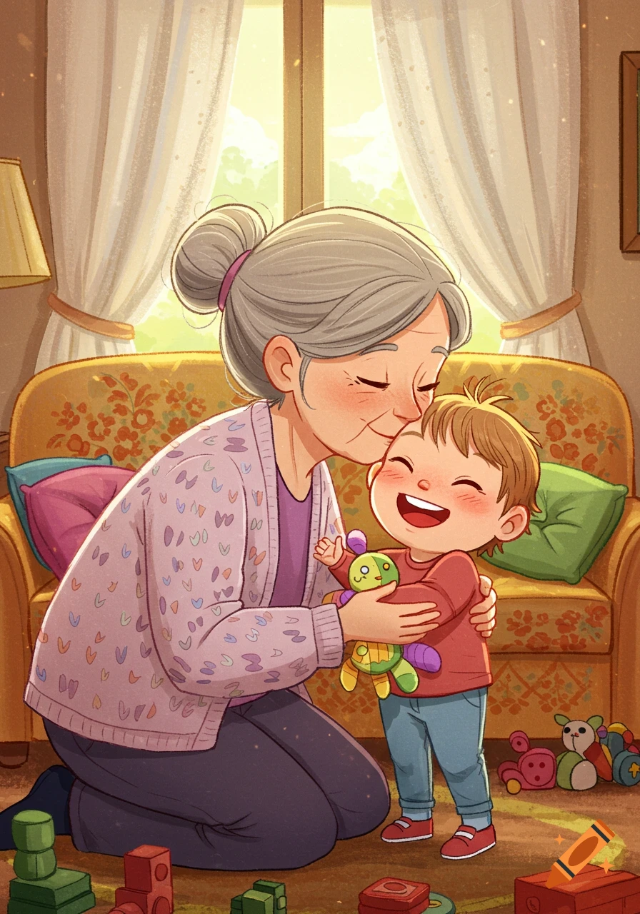 Cartoon grandma gently kisses a smiling toddler's head in a warm, sunny living room with toys on the floor.