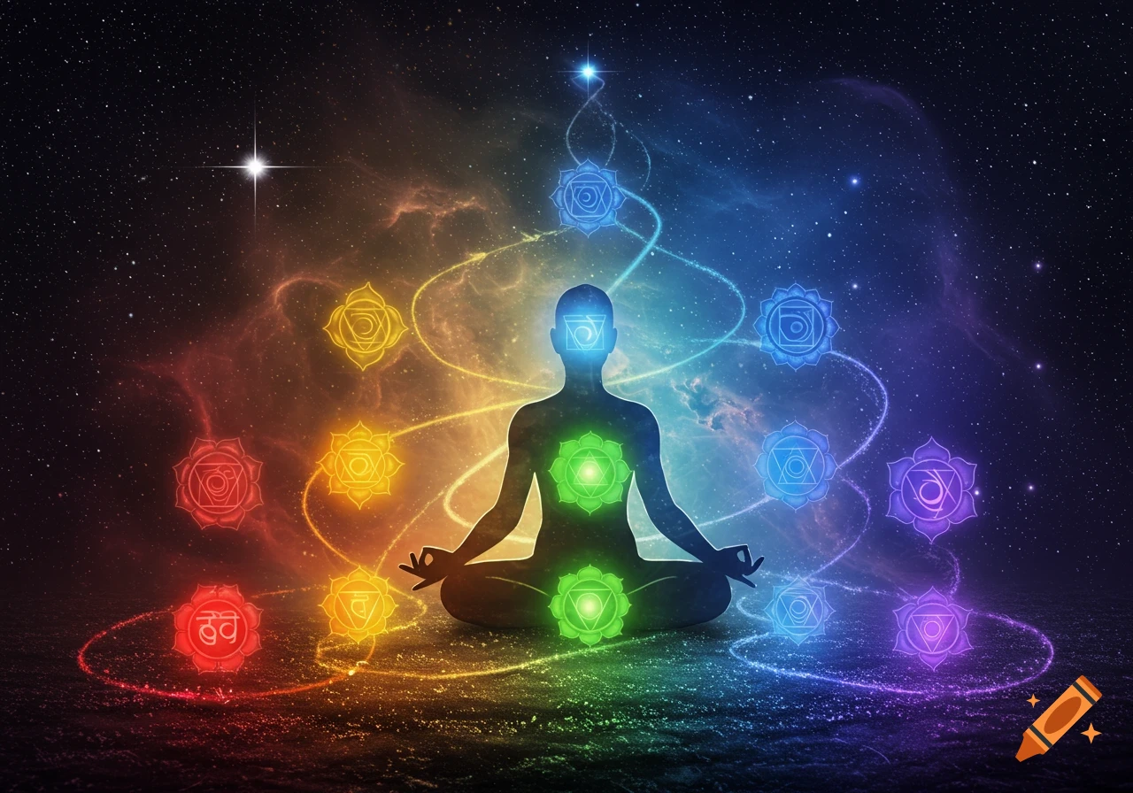 A silhouetted figure meditating with colorful glowing chakras and energy lines against a cosmic starry sky.