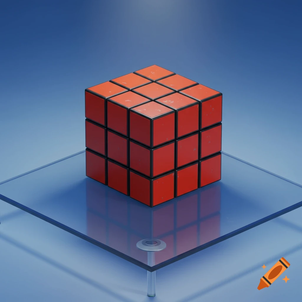 A red Rubik's cube with subtle wear sits on a transparent blue platform against a plain blue background in a realistic render.