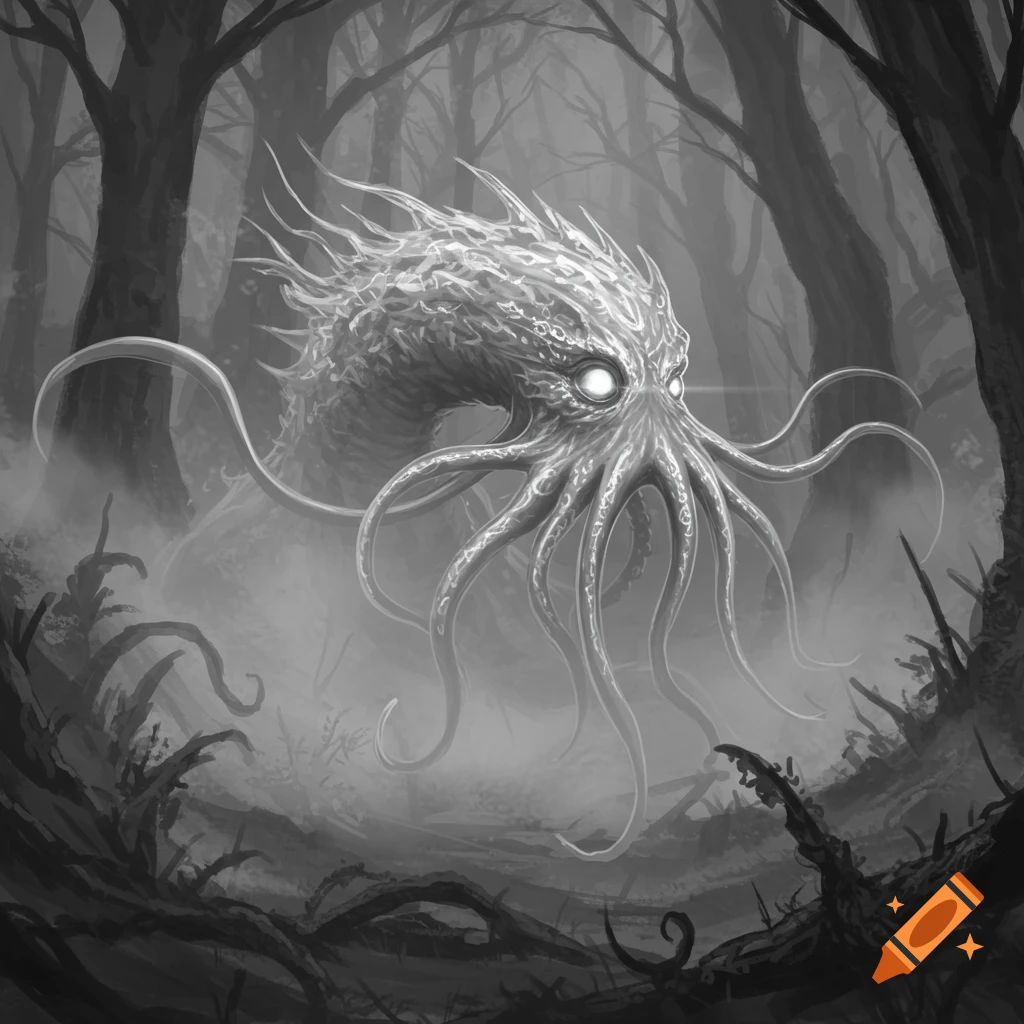 A grayscale illustration of a tentacled, spiky monster with glowing eyes emerging from mist in a dark, gnarled forest.