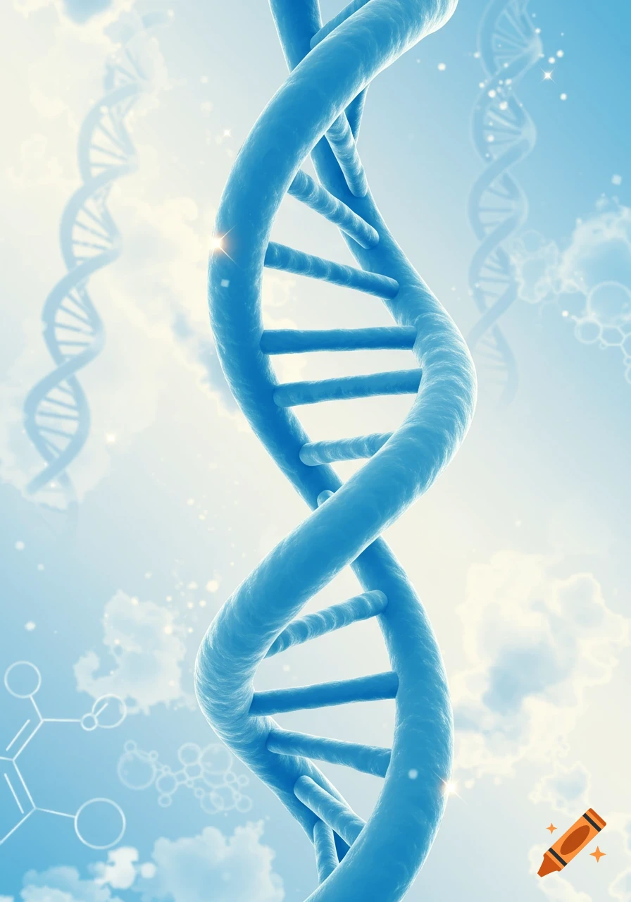 A stylized blue DNA double helix spirals upwards against a light blue sky background with clouds and molecular structures.