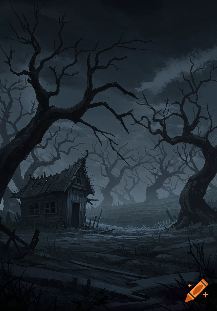 A dark, eerie forest scene with bare, twisted trees and a dilapidated wooden shack under a stormy, grey sky.