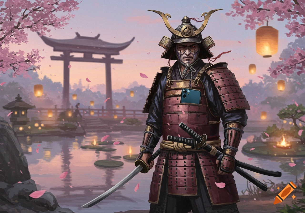 A samurai in red armor with a smartphone tucked into his chest, standing in a cherry blossom garden with a torii gate and lanterns at dusk.