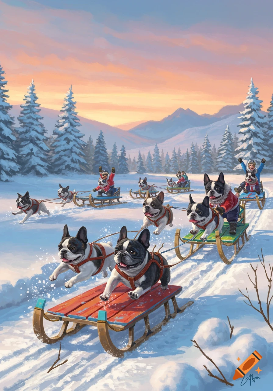 Teams of French bulldogs pull sleds with children riders through a snowy, mountainous landscape at sunset, in an illustrative style.