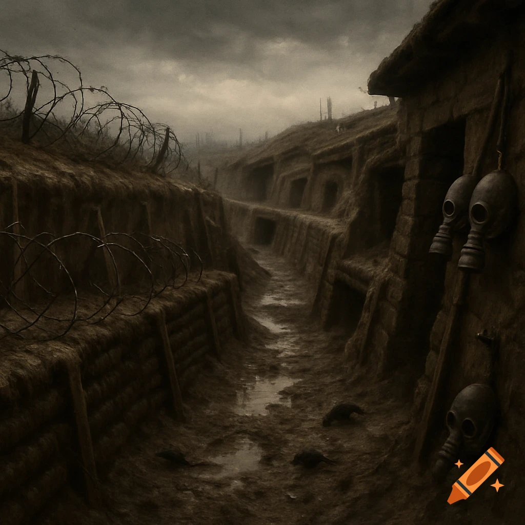 A dark, muddy WWI-style trench with barbed wire, dugouts, gas masks, and rats under a gloomy sky.