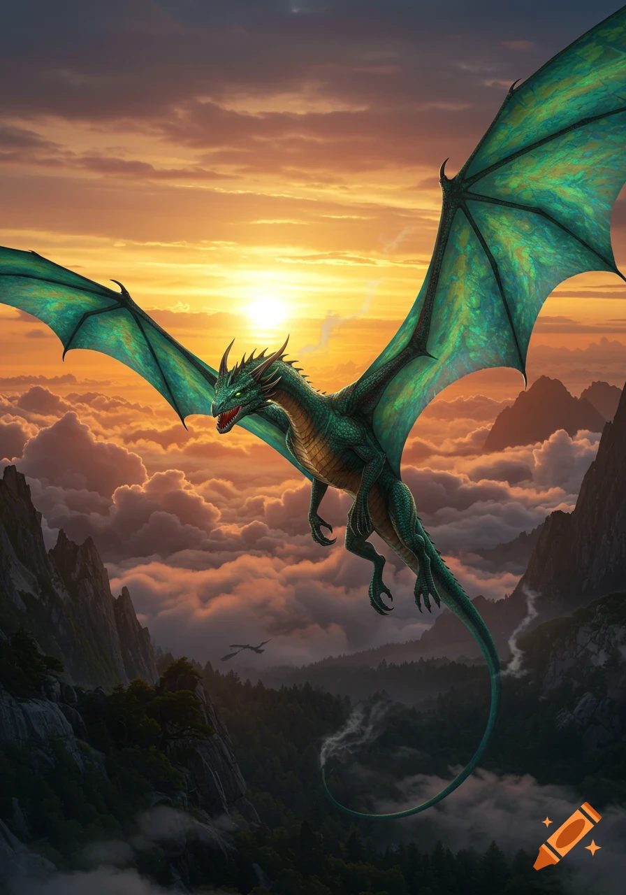 A vibrant green dragon with large wings flies over majestic mountains amidst clouds during a fiery sunset, in a fantasy art style.