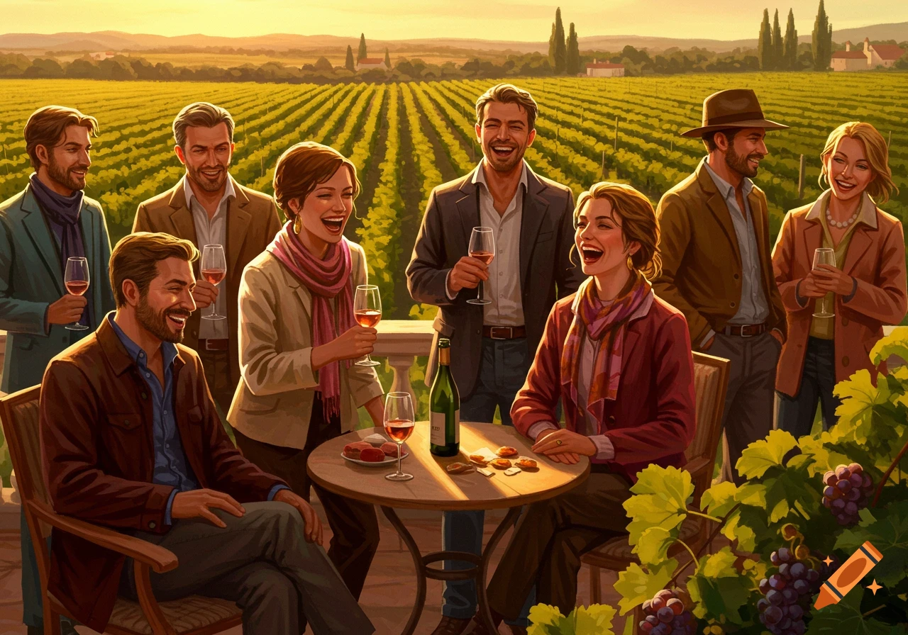 A group of cheerful people holding wine glasses on a terrace overlooking a sunny vineyard.