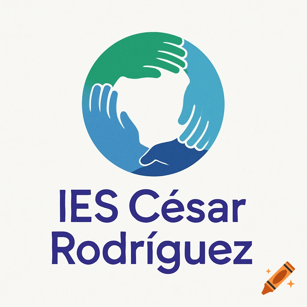 A logo for IES C 00e9sar Rodr 00edguez with three stylized hands, green, light blue, and dark blue, forming a circle.