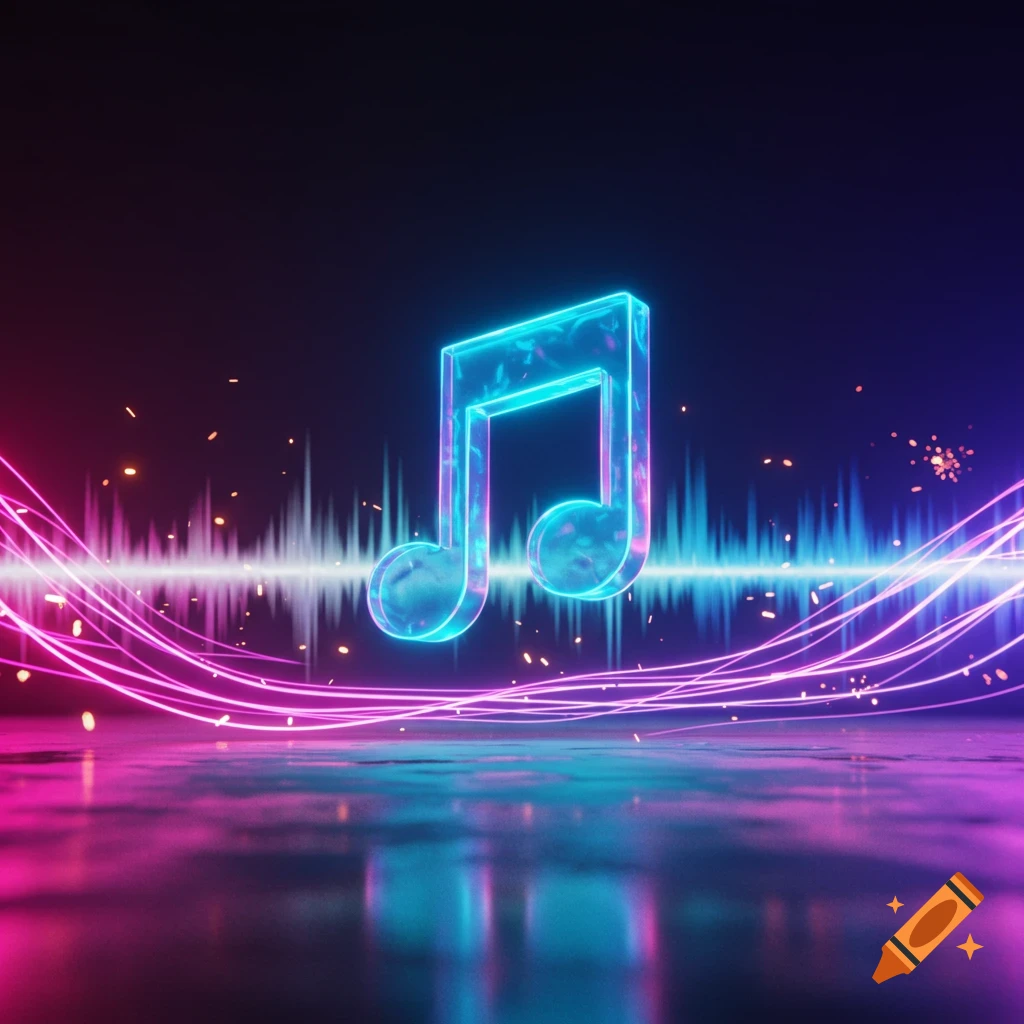 A glowing blue and pink neon music note hovers above a vibrant sound wave with light trails and reflections on a dark, reflective surface.
