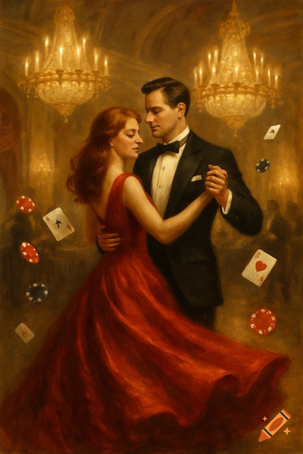Painting of an elegant couple dancing in an opulent ballroom with floating playing cards and poker chips.