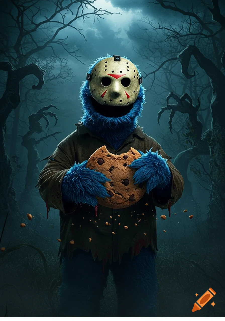 Cookie Monster as Jason Voorhees in a dark forest, holding a bitten cookie with red drips on his shirt.