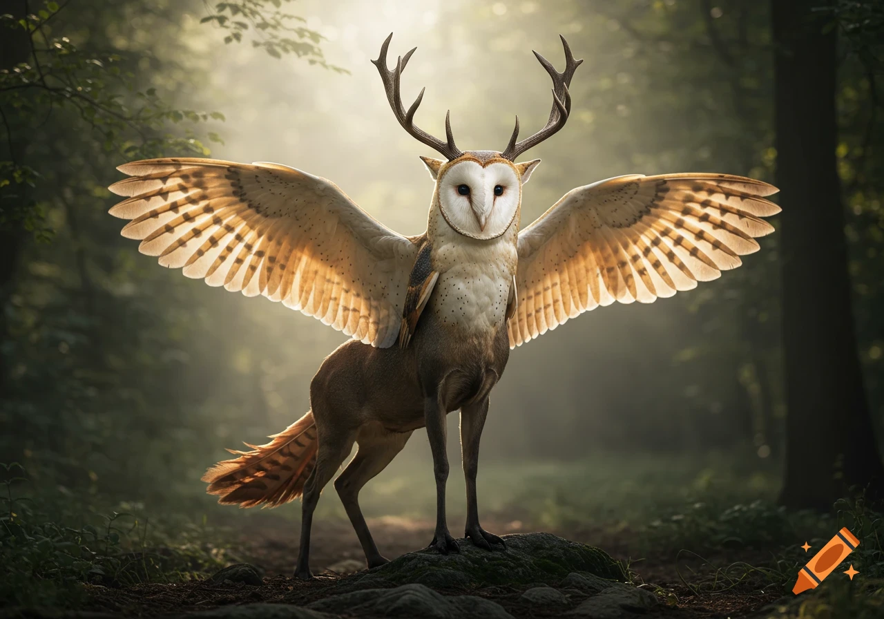 A majestic photorealistic stag-owl chimera with antlers and wings stands in a misty, sunlit forest.