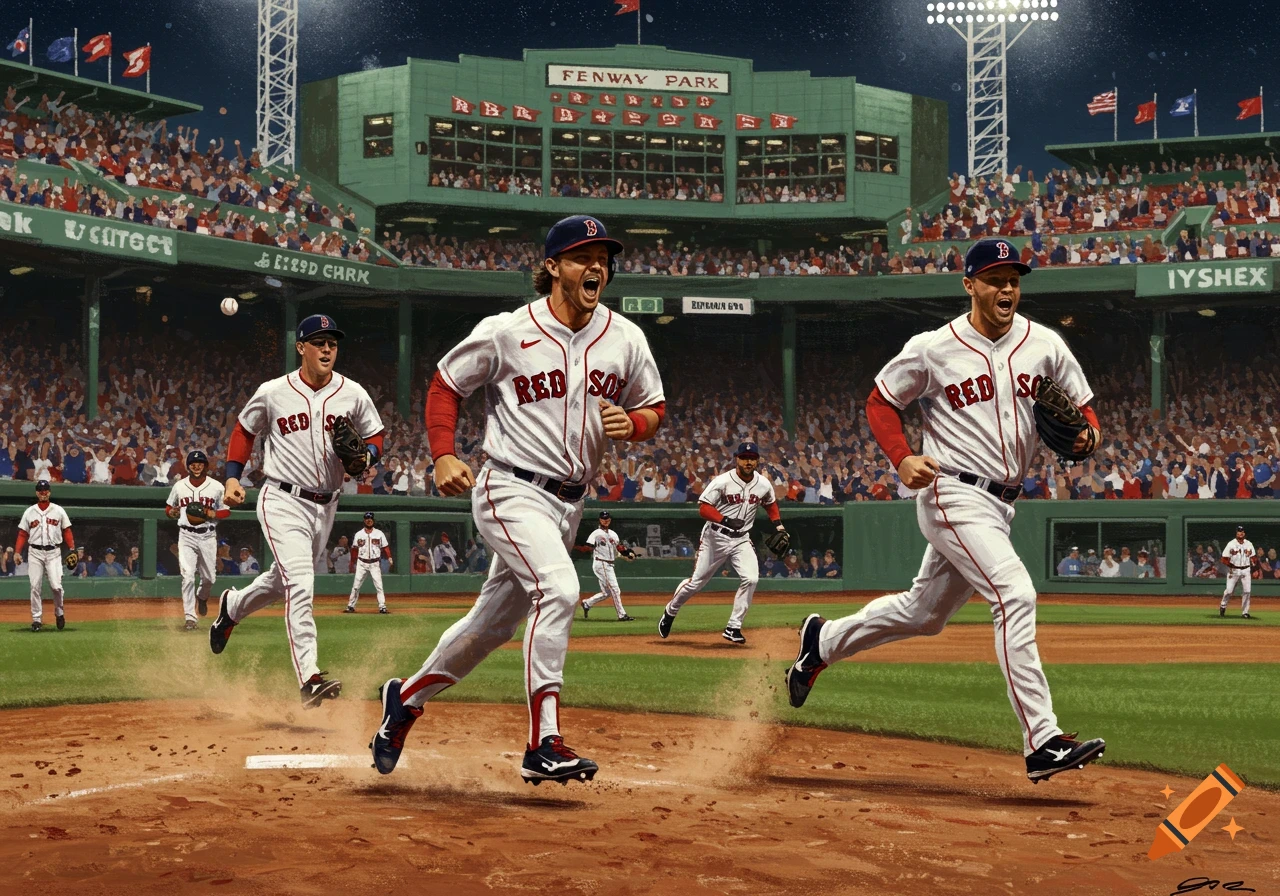 Red Sox baseball players run on the field at Fenway Park stadium at night, in an illustrative style.