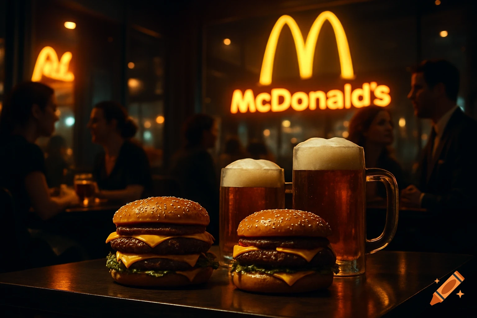 Gourmet McDonald's double cheeseburgers and mugs of beer on a table in a dimly lit restaurant with a glowing McDonald's sign in the background.
