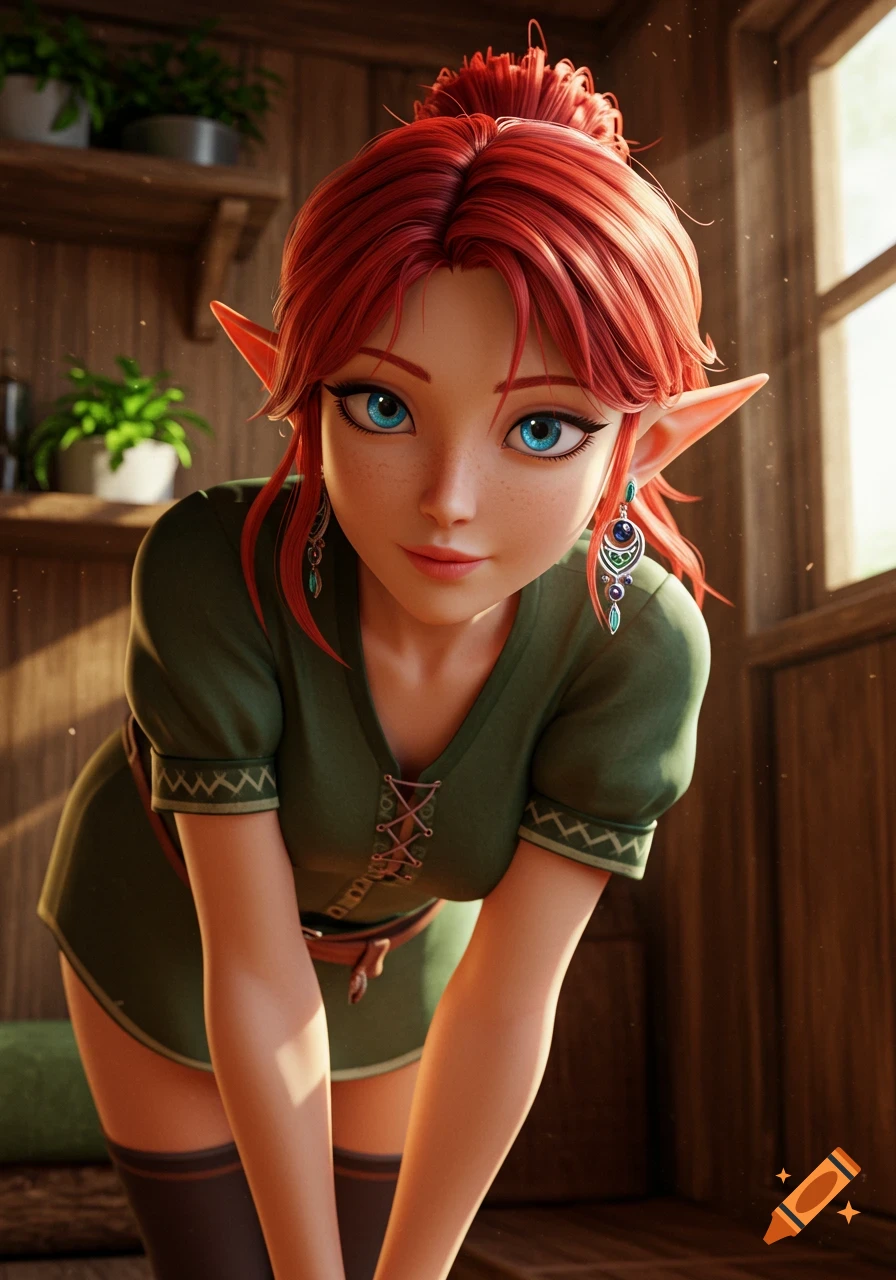 A red-haired anime elf girl with blue eyes and pointed ears, wearing a green dress, leans forward in a sunlit wooden room. Digital art.