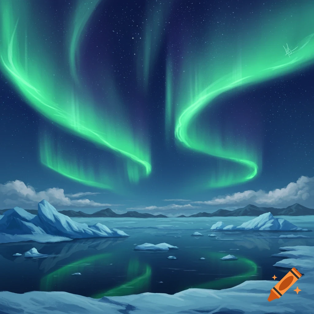 Vibrant green aurora borealis lights up a dark blue night sky over a serene arctic landscape with icebergs and snowy plains.
