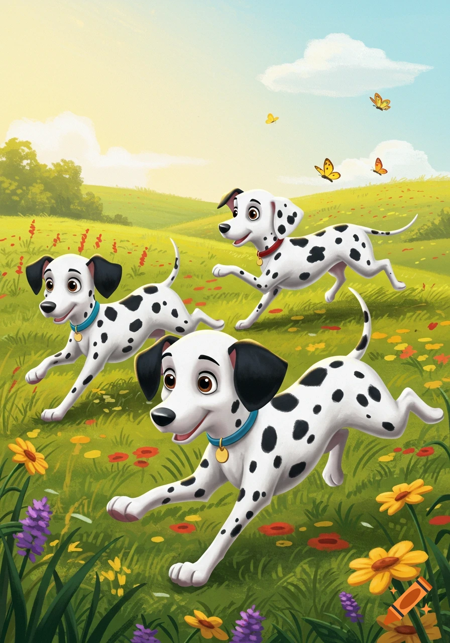 Three cartoon Dalmatian puppies run through a vibrant green field with colorful flowers and butterflies under a blue sky.