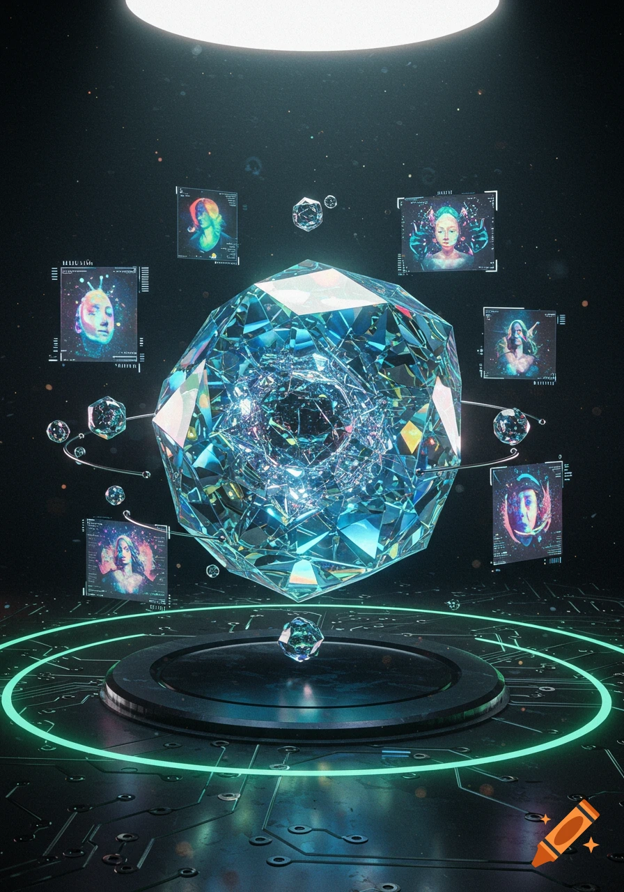 Large glowing crystal surrounded by small screens with abstract faces and circuit patterns in a dark, futuristic environment.