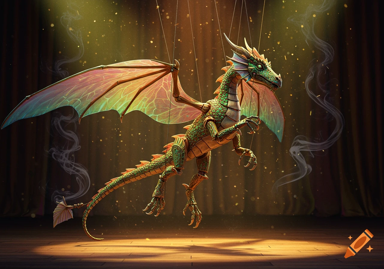 A detailed dragon puppet with green scales and iridescent wings hangs by strings on a spotlighted stage with dark curtains.
