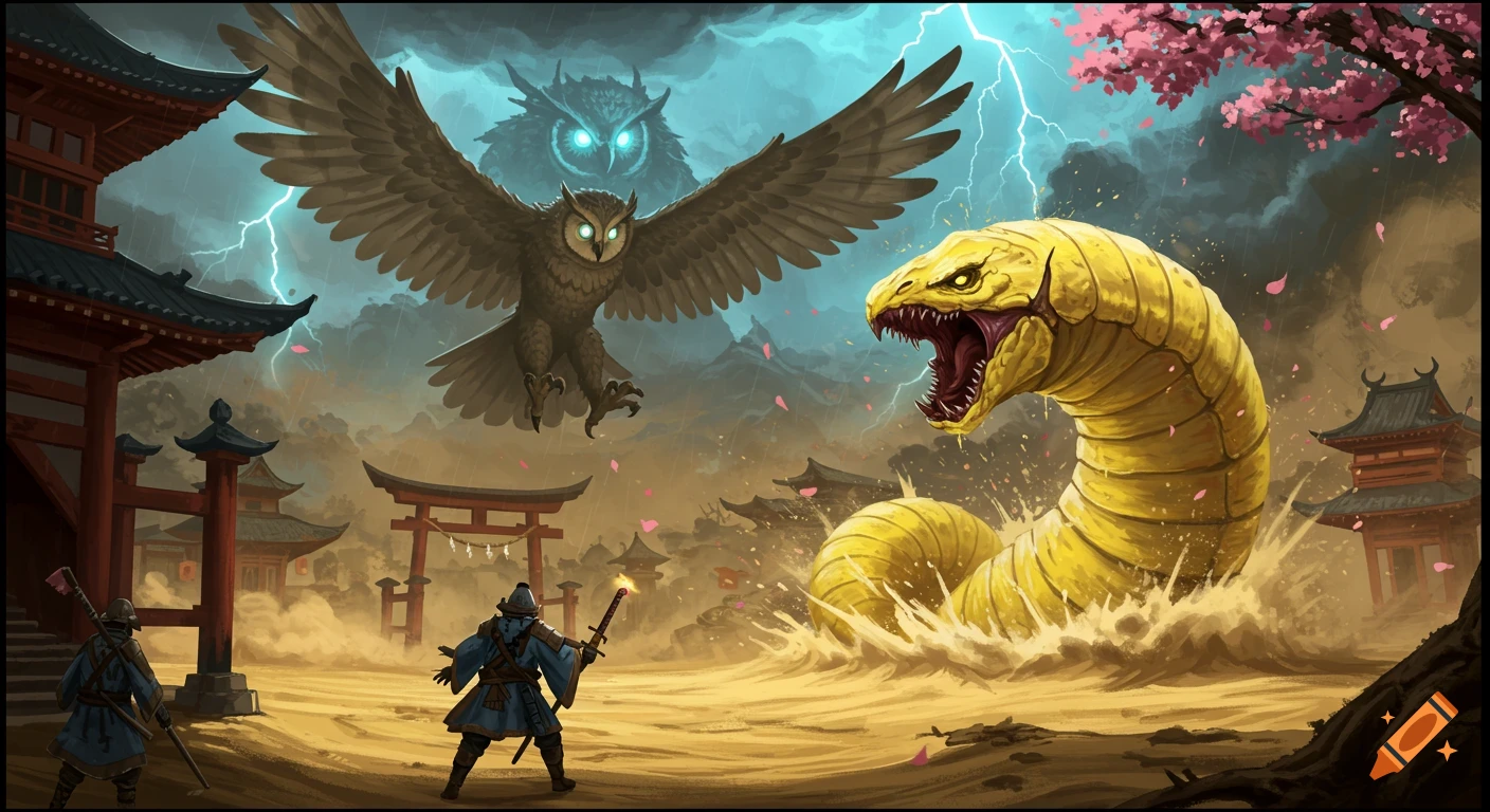 Fantasy art: A giant owl monster fights a yellow sandworm over a sandy feudal Japanese landscape with samurai, temples, and stormy skies.