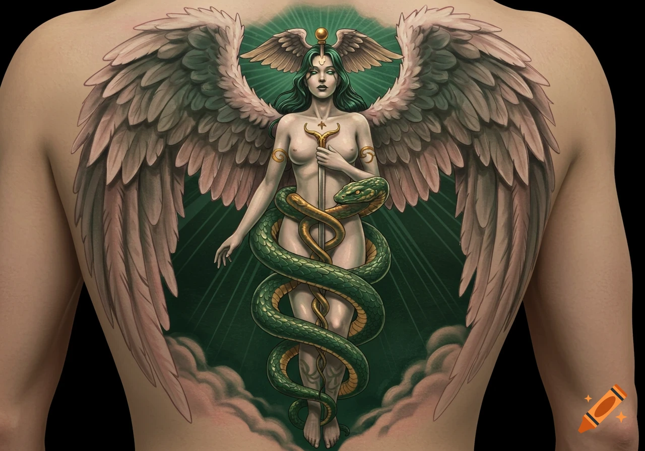 Angelic woman with spread wings, a large green serpent coiled around her body, depicted as a tattoo on a back.