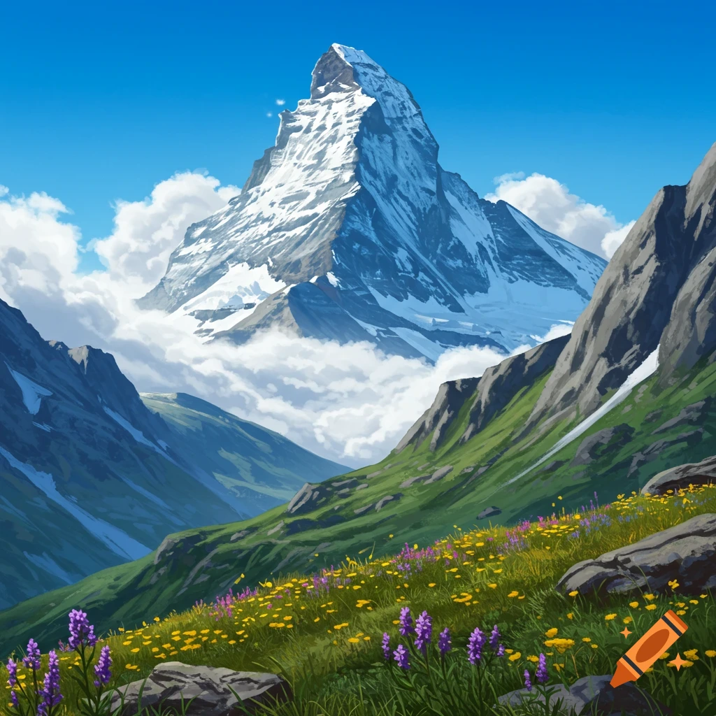 A stunning view of a snow-capped mountain towering over a lush green valley filled with colorful wildflowers under a bright blue sky.