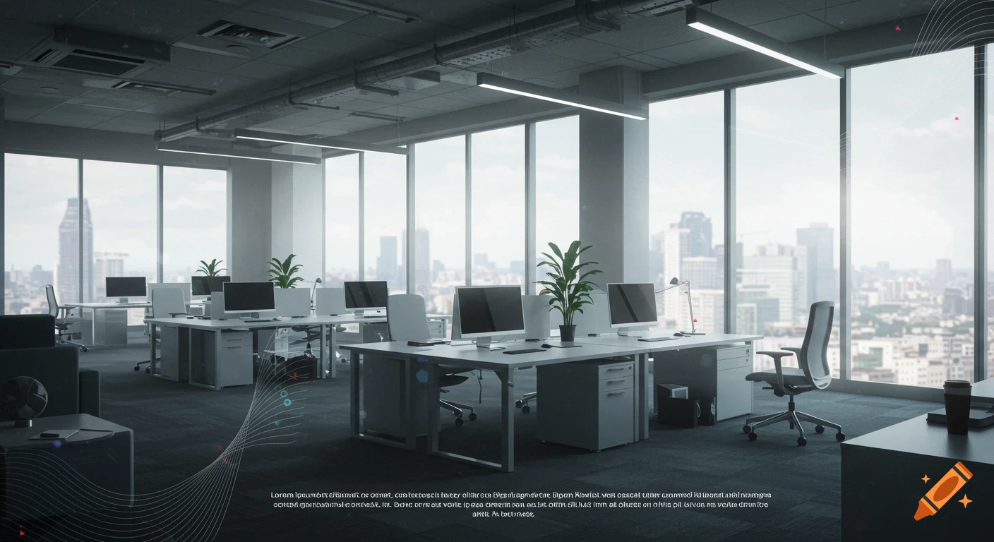 Modern office interior with large windows overlooking a city skyline, empty desks with computers, and lounge seating.