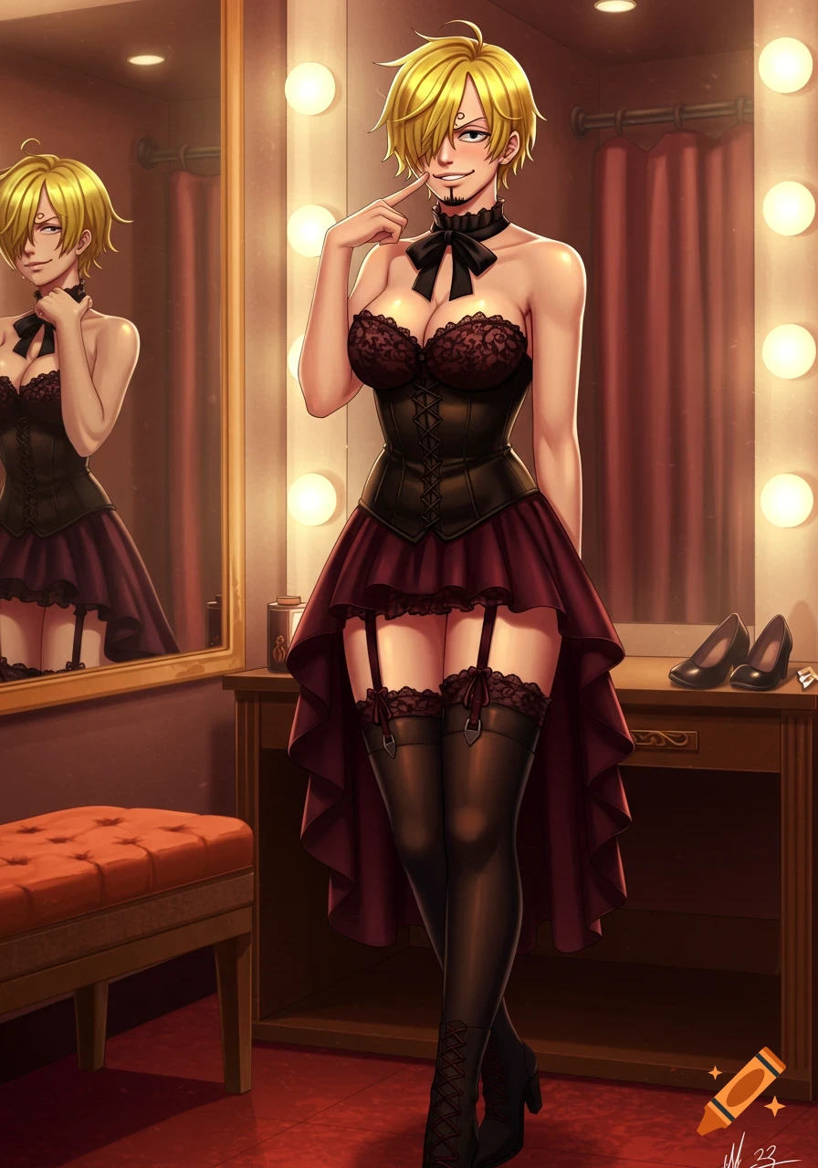 An anime character, Sanji, transformed into a female version, poses in a black corset, burgundy skirt, and thigh-high stockings in a dressing room mirror.