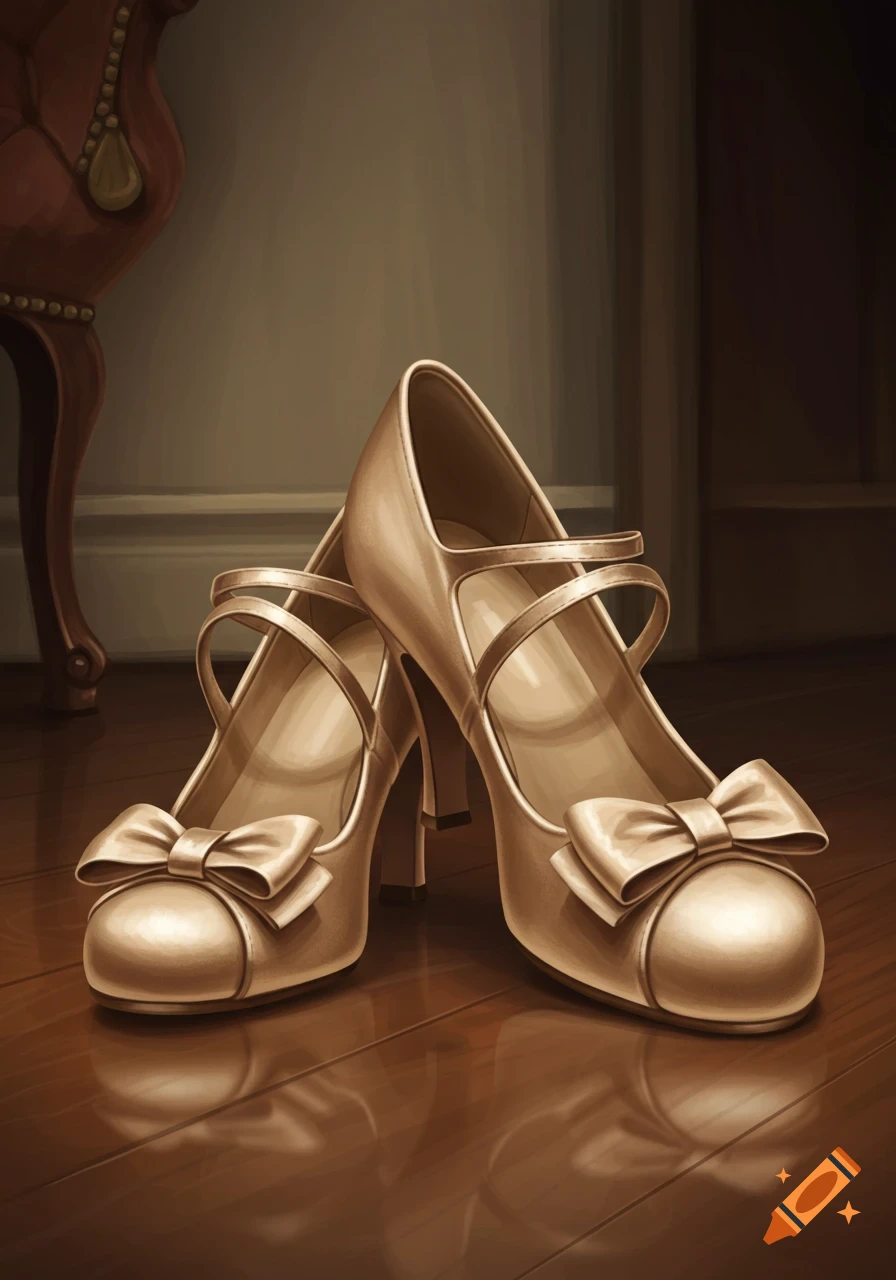 Two champagne-colored high-heeled shoes with bows on a polished wooden floor, rendered in an illustrative style.