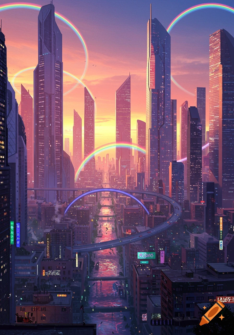 Vibrant futuristic city at sunset, with tall skyscrapers, a canal, and multiple circular rainbows in a digital art style.