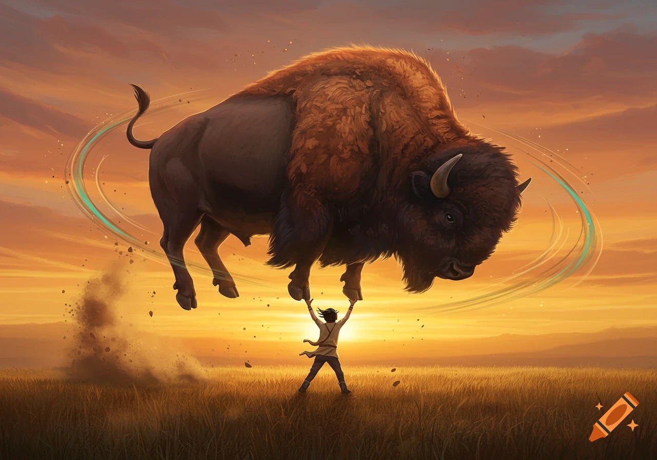 A small person lifts a large buffalo overhead against a golden sunset in a stylized illustration.