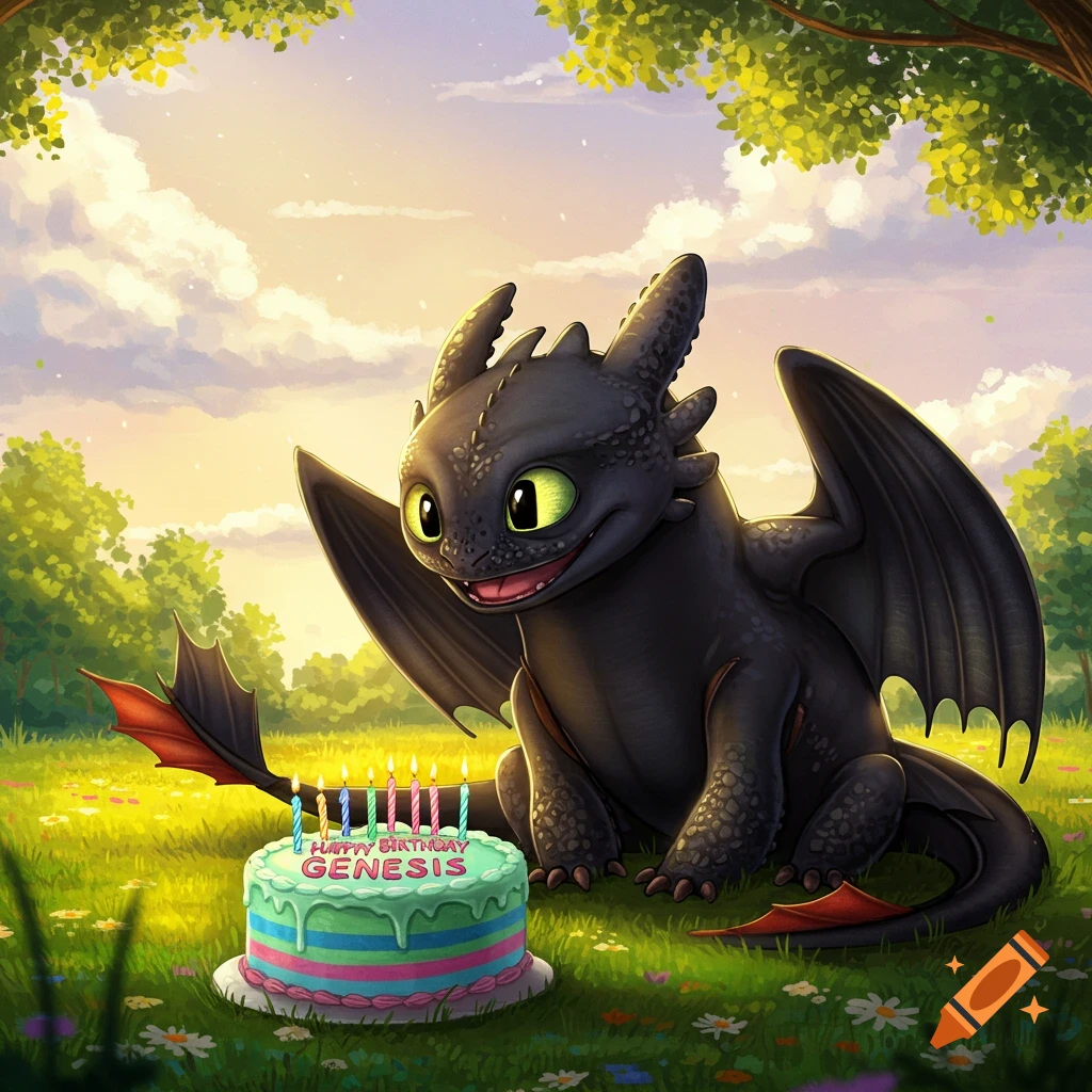 A cartoon black dragon, Toothless, sits in a grassy field with a colorful birthday cake that reads 'Happy Birthday Genesis'.