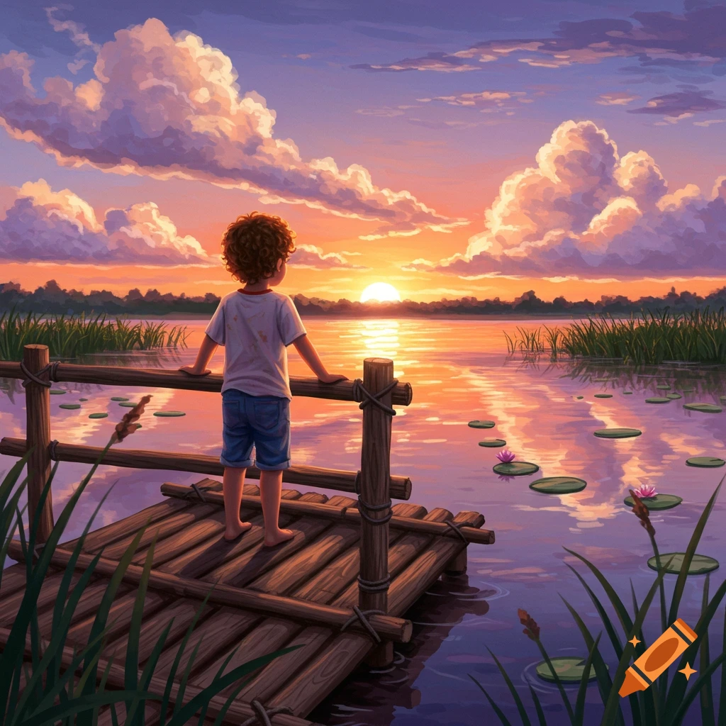 An illustrated image of a boy standing on a wooden dock, gazing at a vibrant orange and purple sunset over a calm lake with lily pads.