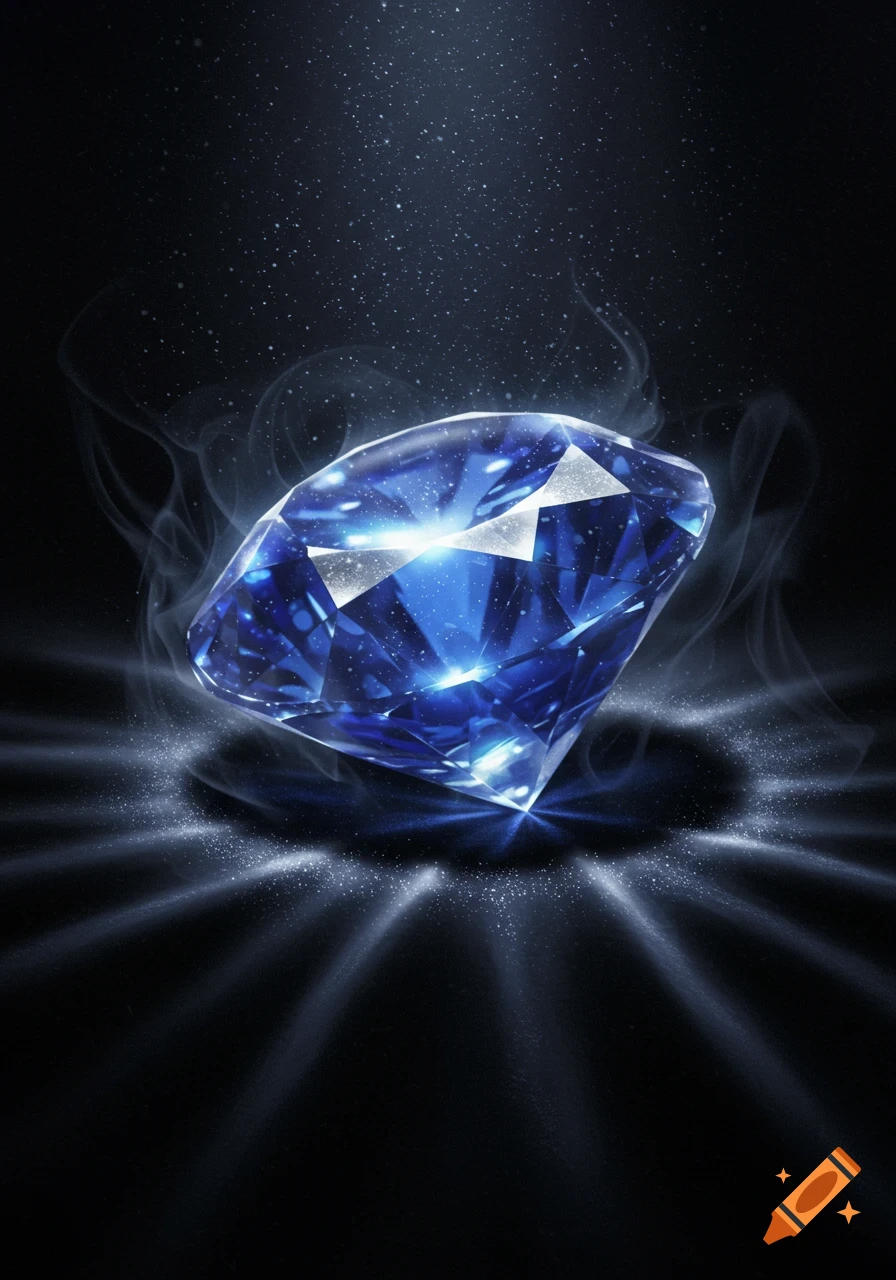 A sparkling blue diamond surrounded by wispy smoke and glowing particles against a dark background.