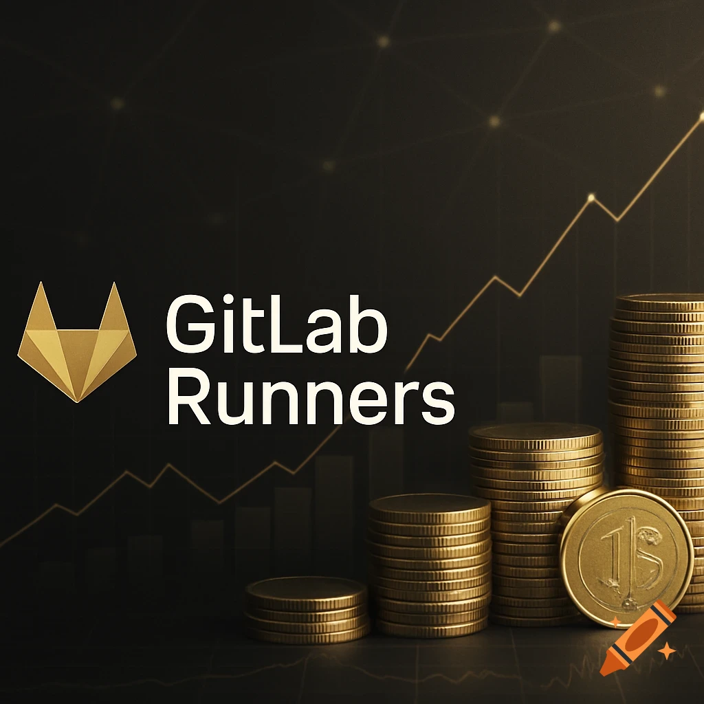 GitLab logo and "GitLab Runners" text, stacks of gold coins, and a rising stock market graph on a dark background.