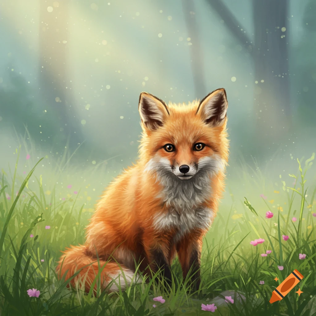 A fluffy red fox sits in a sun-dappled green field with small pink flowers, in a painterly style.