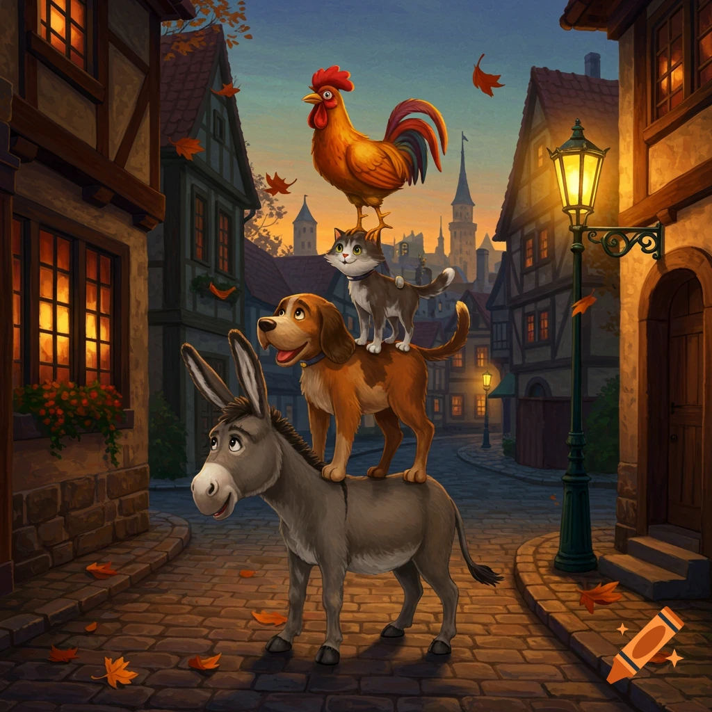 A donkey, dog, cat, and rooster stacked on each other walk down a cobbled street in an old European town at dusk.