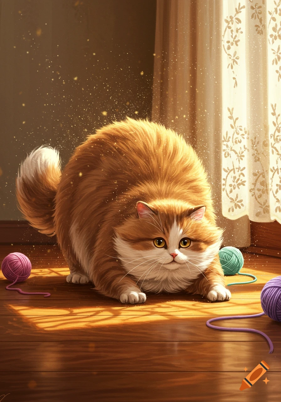 An illustrated fluffy orange and white cat crouches playfully on a wooden floor amidst yarn balls, bathed in golden sunlight.