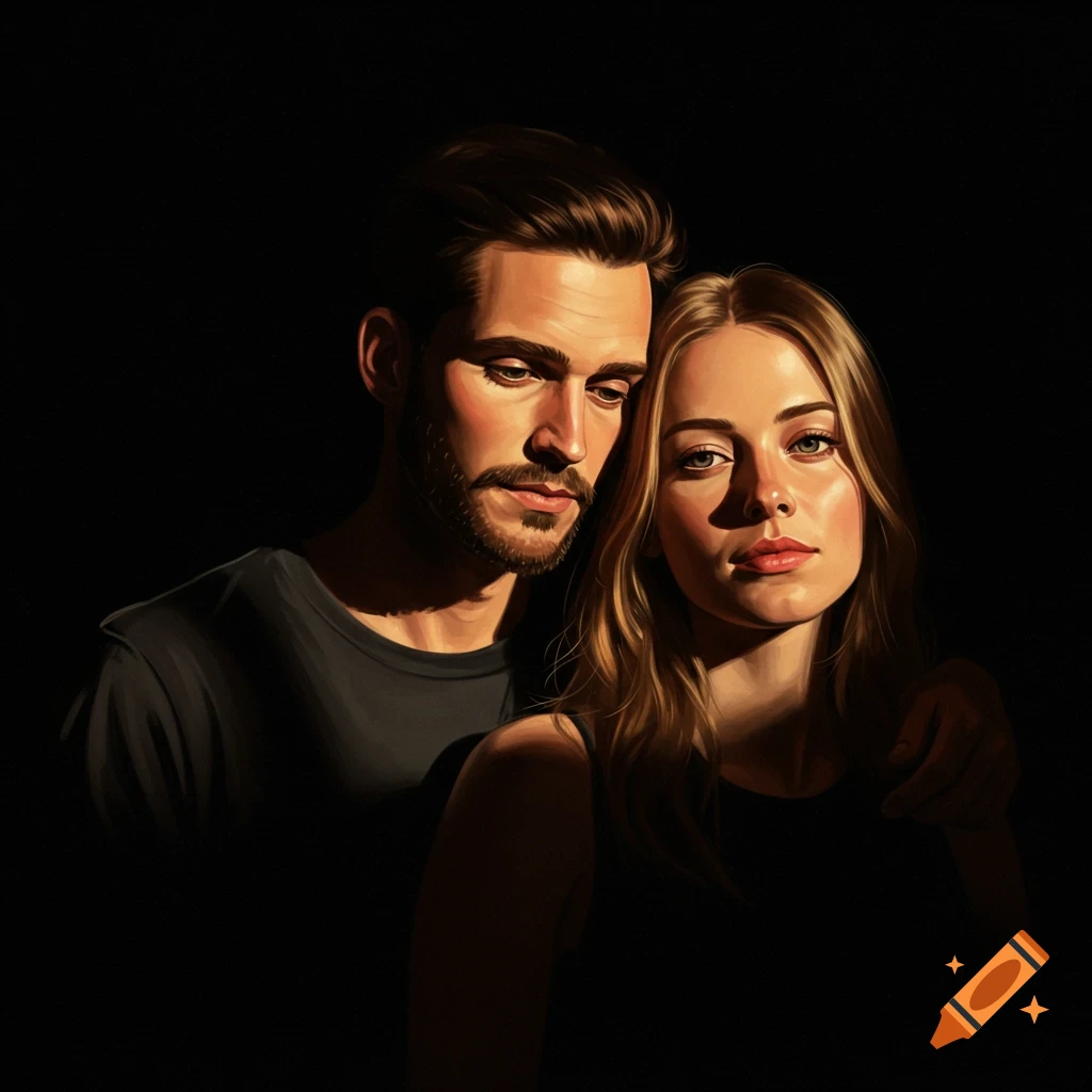 Digital art portrait of a man and woman embraced, illuminated by warm light against a dark background.
