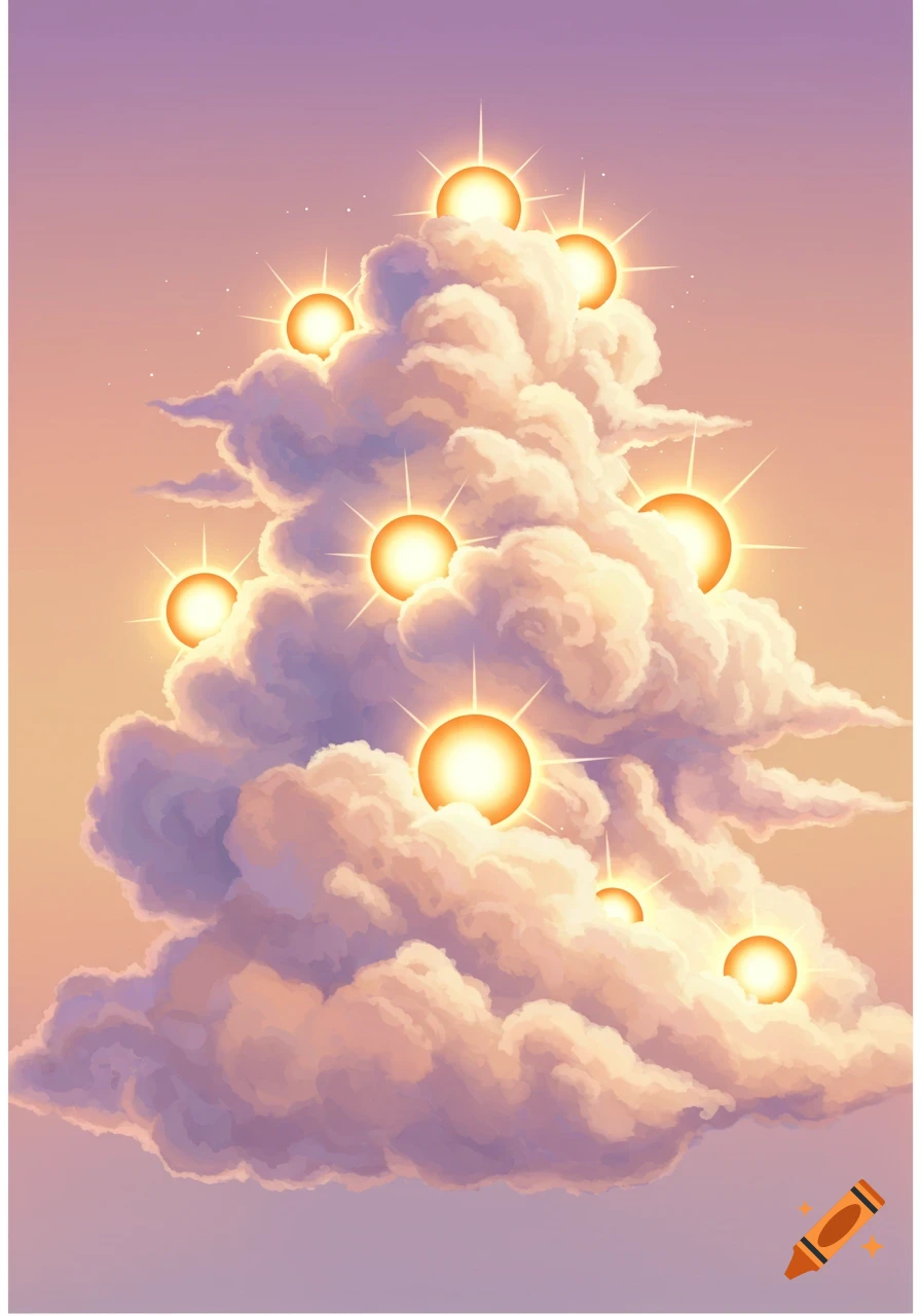 A large, tree-shaped cloud illuminated by multiple glowing orange suns against a soft gradient sky.