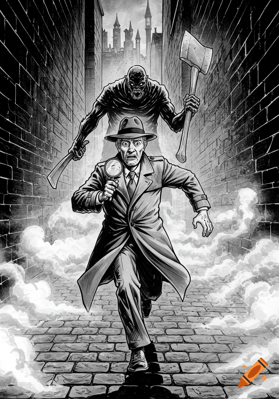 Black and white comic art of a detective running scared from a monster with an axe in a dark alley, castle in background.