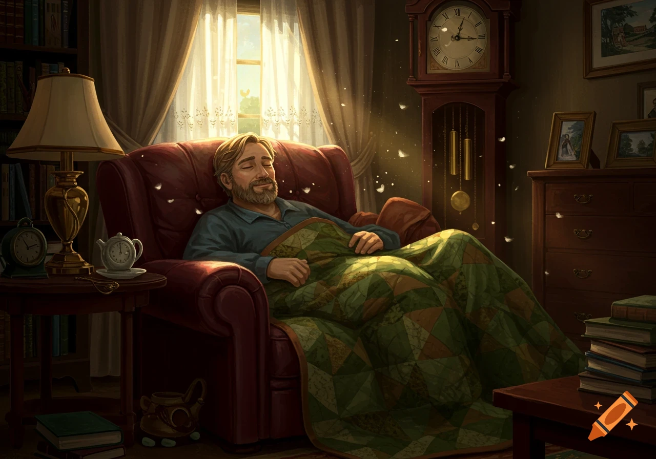 An illustration of a man with a beard sleeping peacefully in a red recliner, covered by a green quilt, in a cozy, sunlit room.