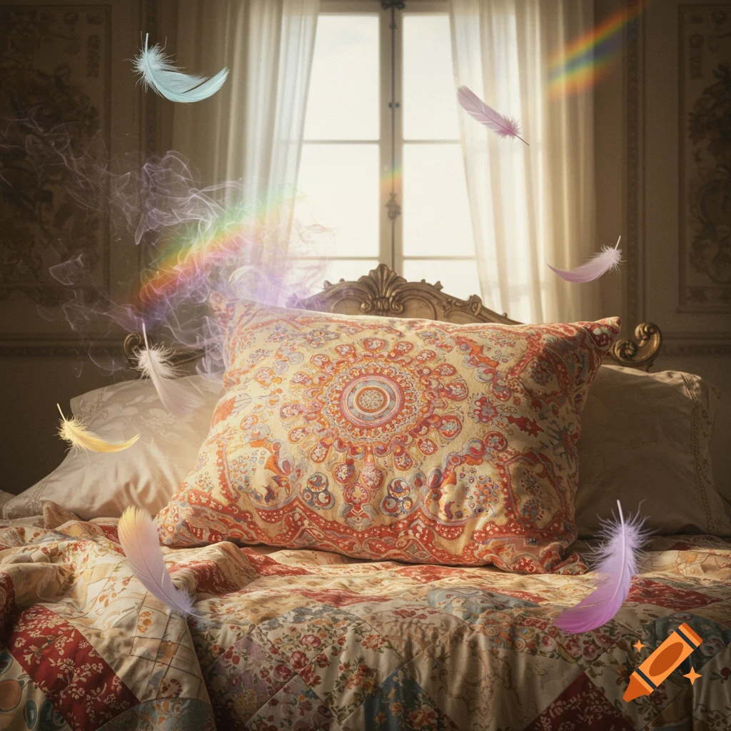 A whimsical bedroom with a patterned pillow, quilted blanket, floating feathers, and a vibrant rainbow from a sunlit window.