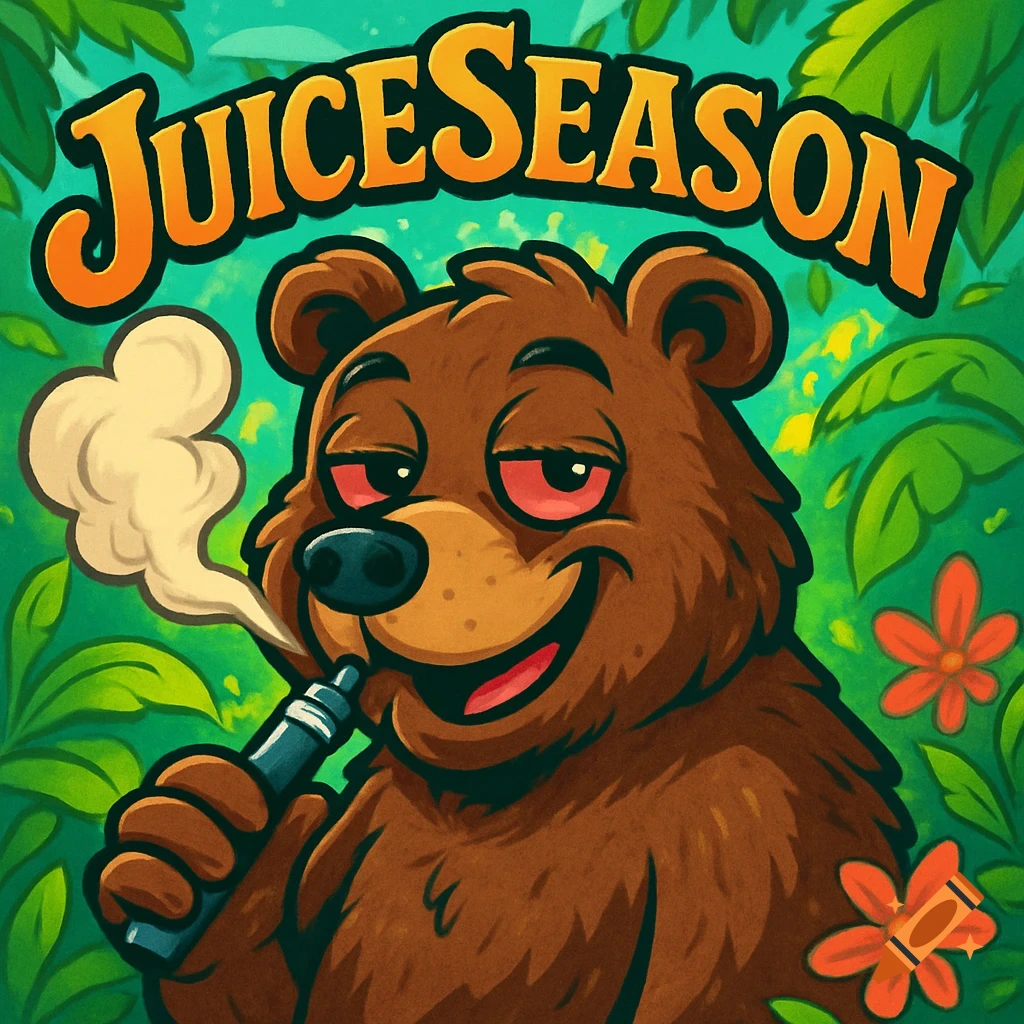Vibrant cartoon illustration of a red-eyed bear smoking a vape in a jungle, with 'JUICESEASON' written above.