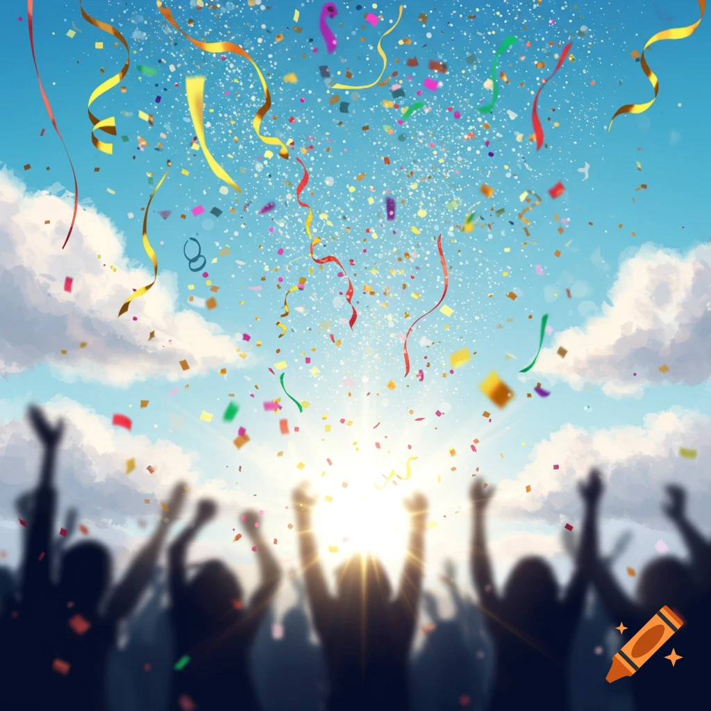 Silhouetted crowd with arms raised in celebration as colorful confetti and streamers fall from a bright blue sky with clouds.