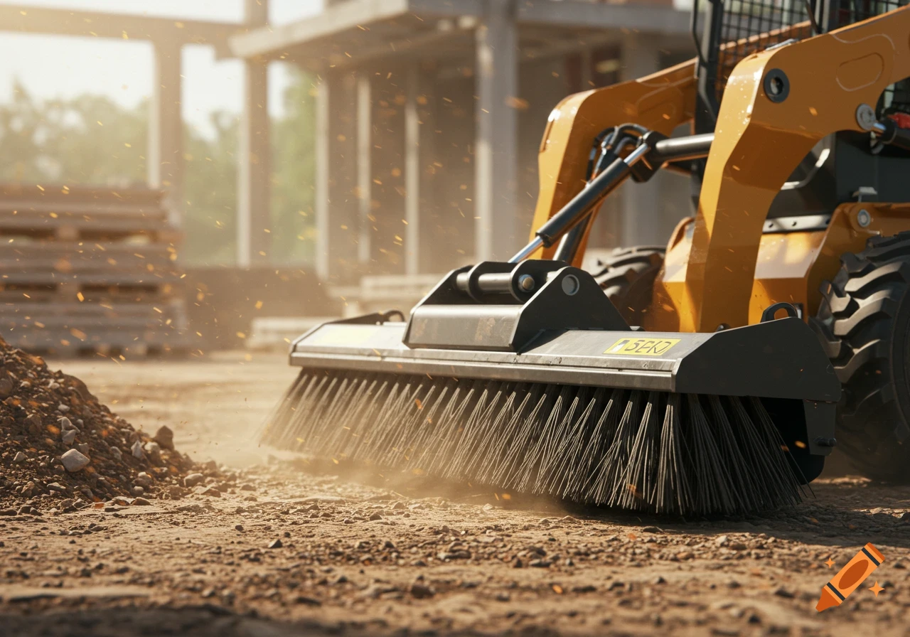 Photorealistic image of a skid steer pickup broom clearing dirt and dust on a construction site.